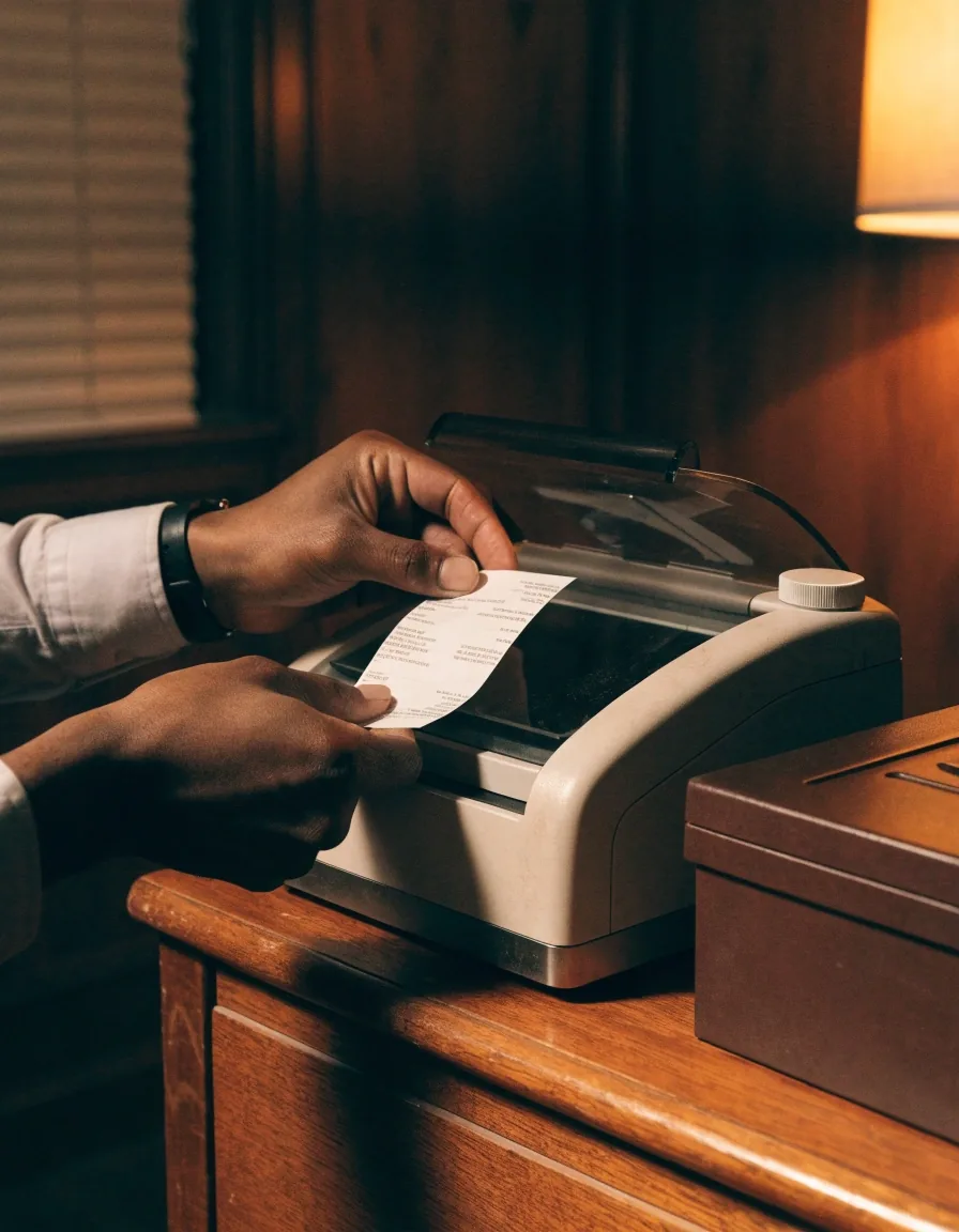 A desk under a warm lamp with a paper-clipped stack of receipts, a tray of invoices, and a ringed binder of statements