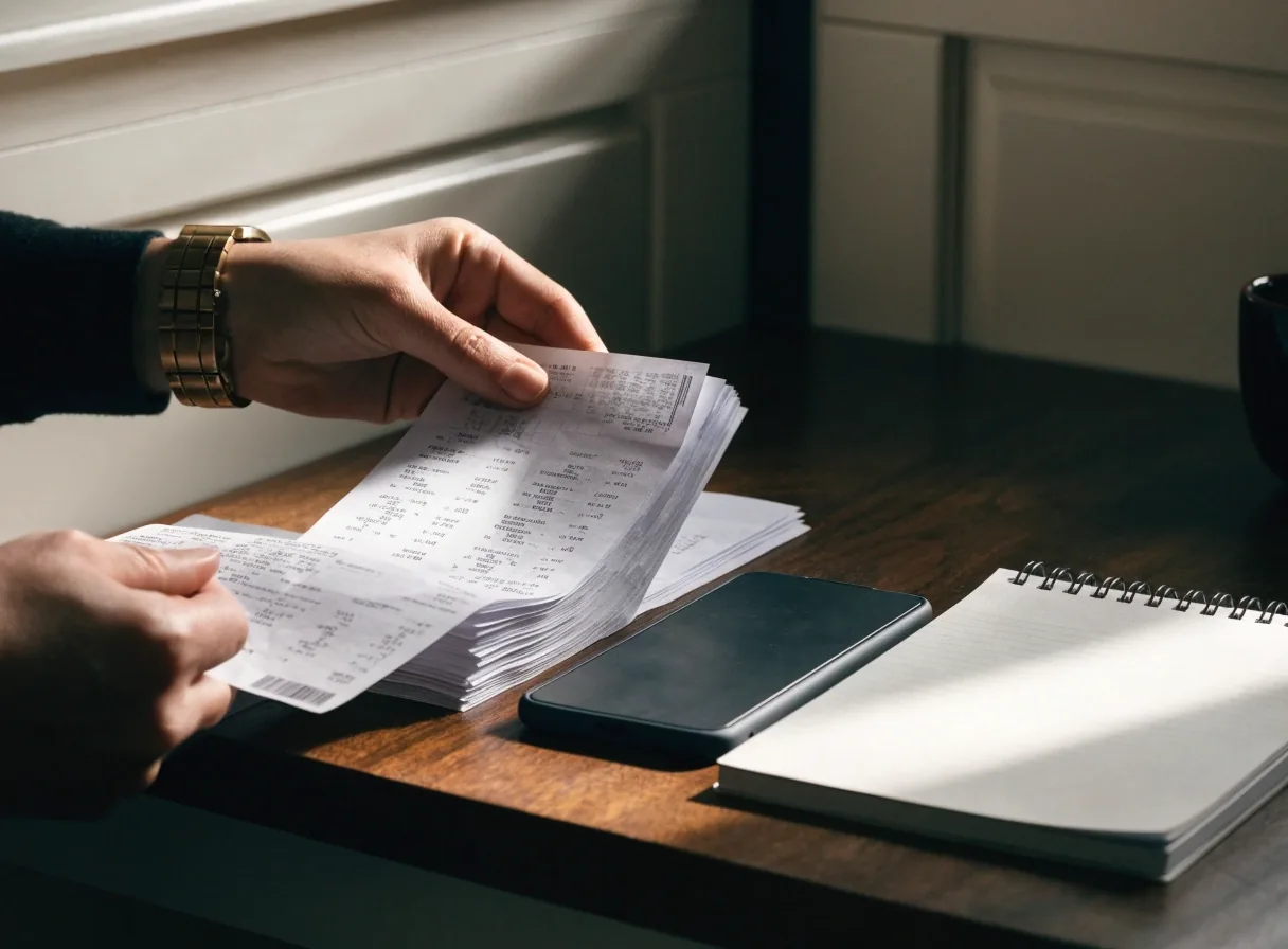 Hands sorting a short stack of paper receipts on a kitchen counter next to a face-down phone and a closed notebook