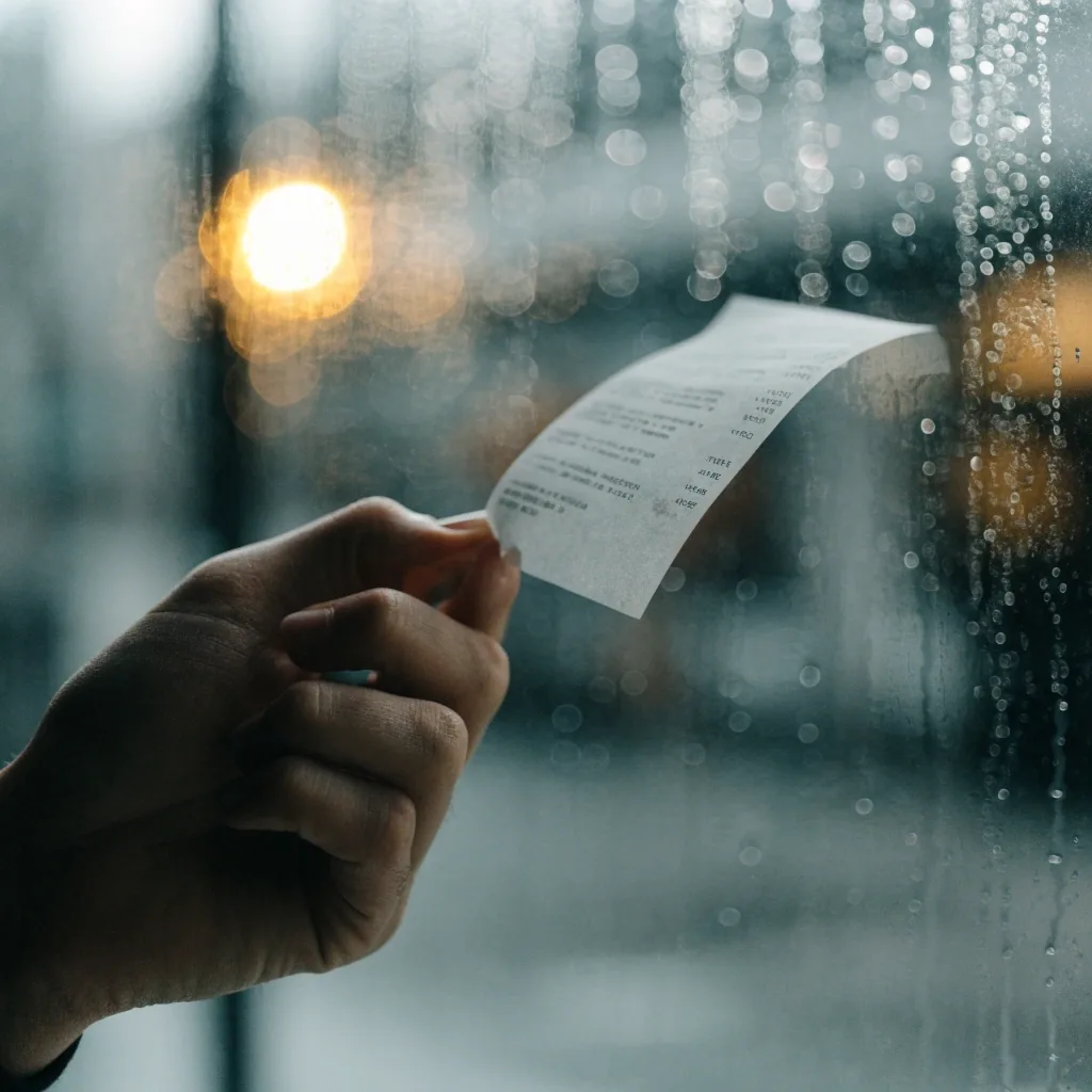 A paper receipt held between two fingers against a rain-streaked window with blurred street light behind