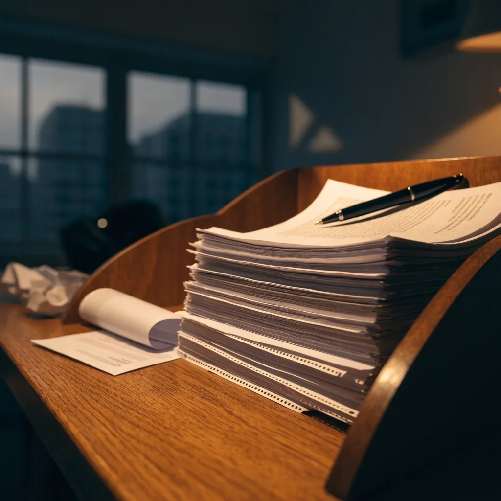 A paper tray of approved vendor bills with a fountain pen resting on top under warm lamplight