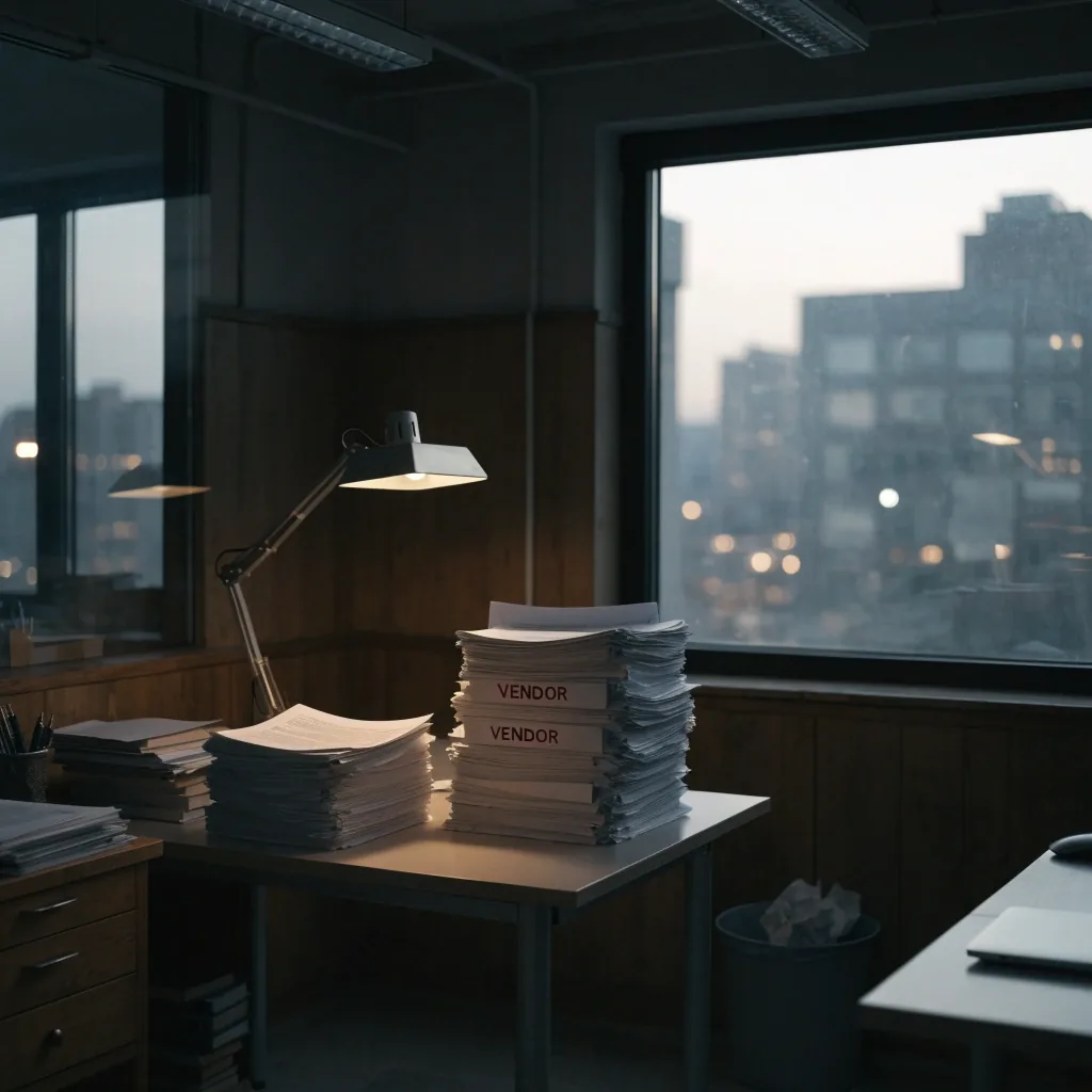 An empty small accounting office at dusk with one lamp on over a tidy stack of vendor files