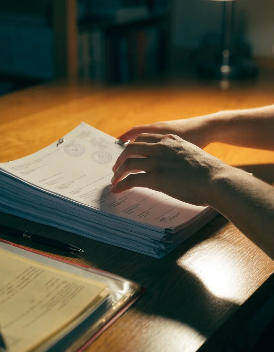 Hands sorting a clipped stack of vendor invoices beside an open binder of statements under a warm lamp