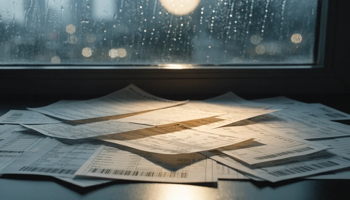 Paper invoices and receipts fanned across a dark desk under a single pale glow and rain-lit window