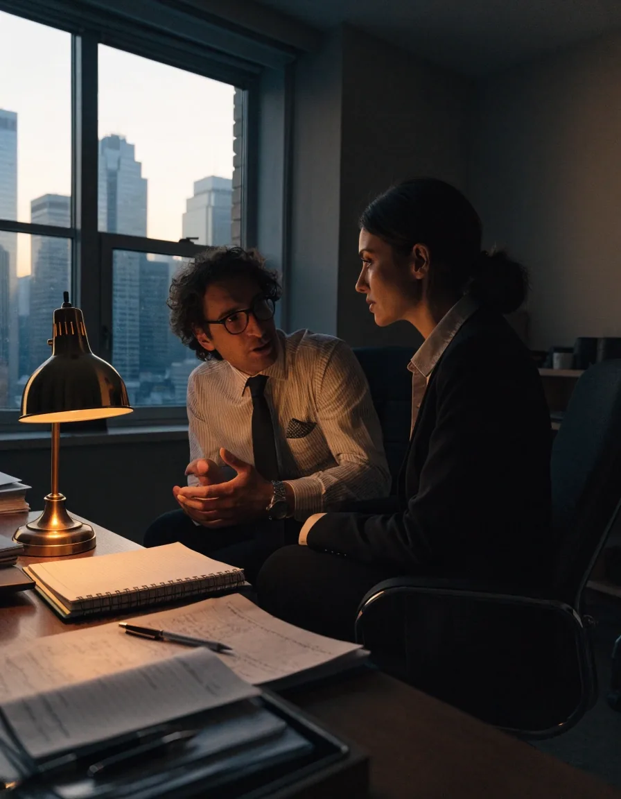 A small accounting office at dawn with a lamp lit over an open paper ledger and a city skyline in the window