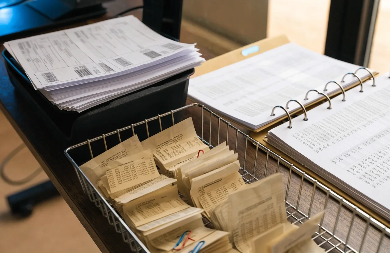 A low-angle view of a bookkeeper's desk with a tray of invoices, paper-clipped receipts, and a binder of statements