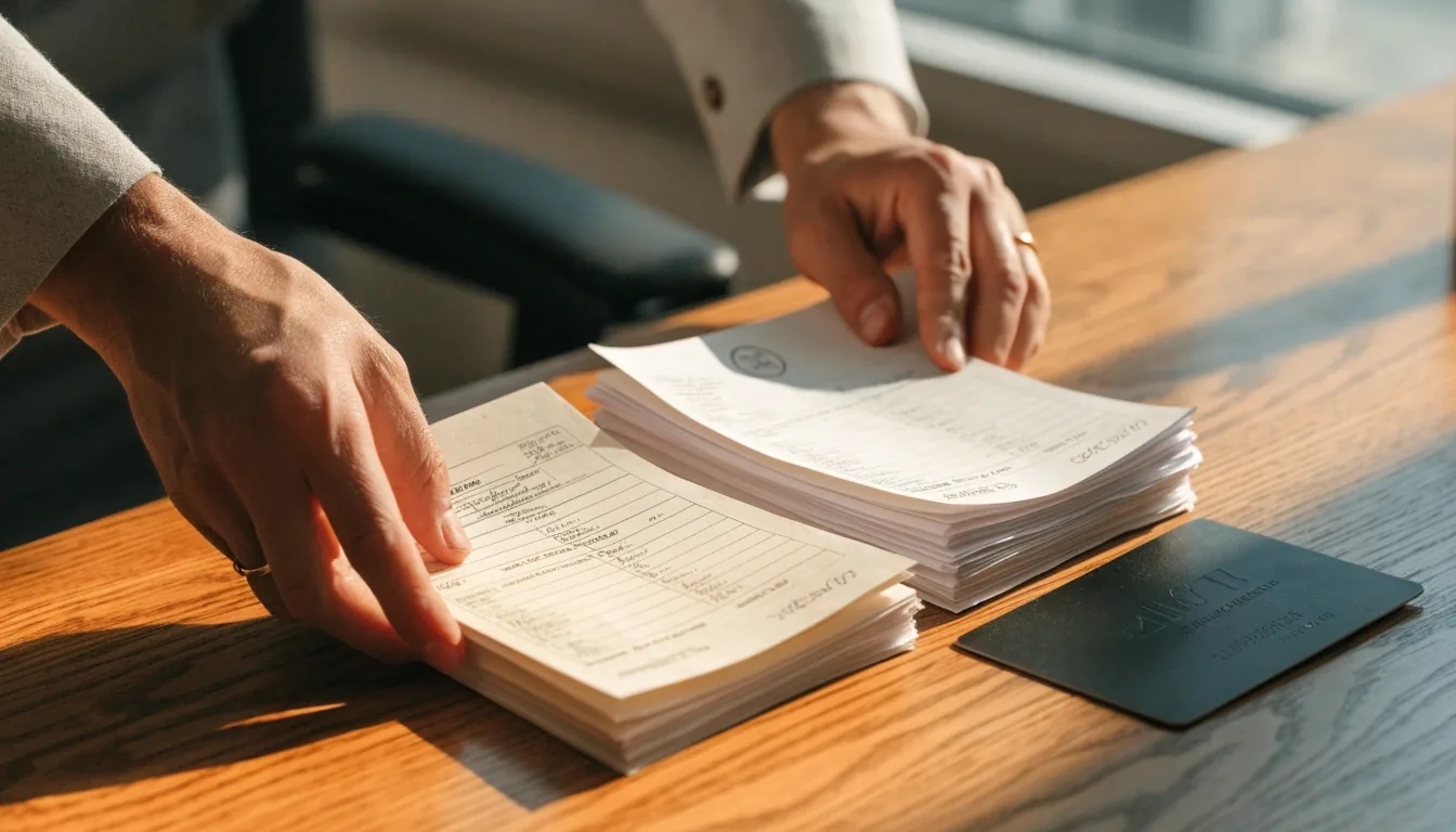 Hands sorting supplier invoices into piles on a desk beside a corporate card