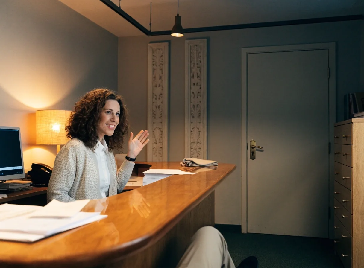 A hand turning a page in a binder of statements under a warm desk lamp