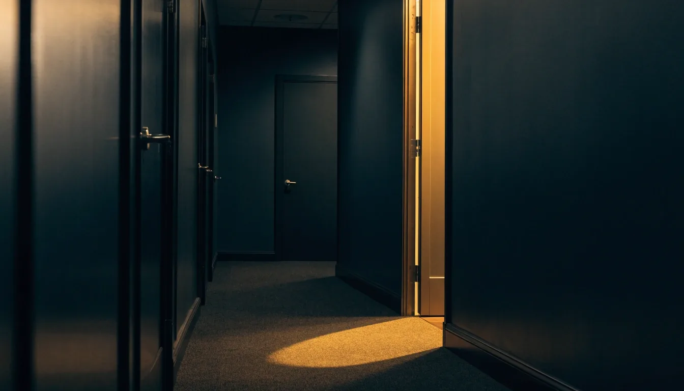 A quiet office corridor at night with warm light spilling from one open door onto the dark carpet