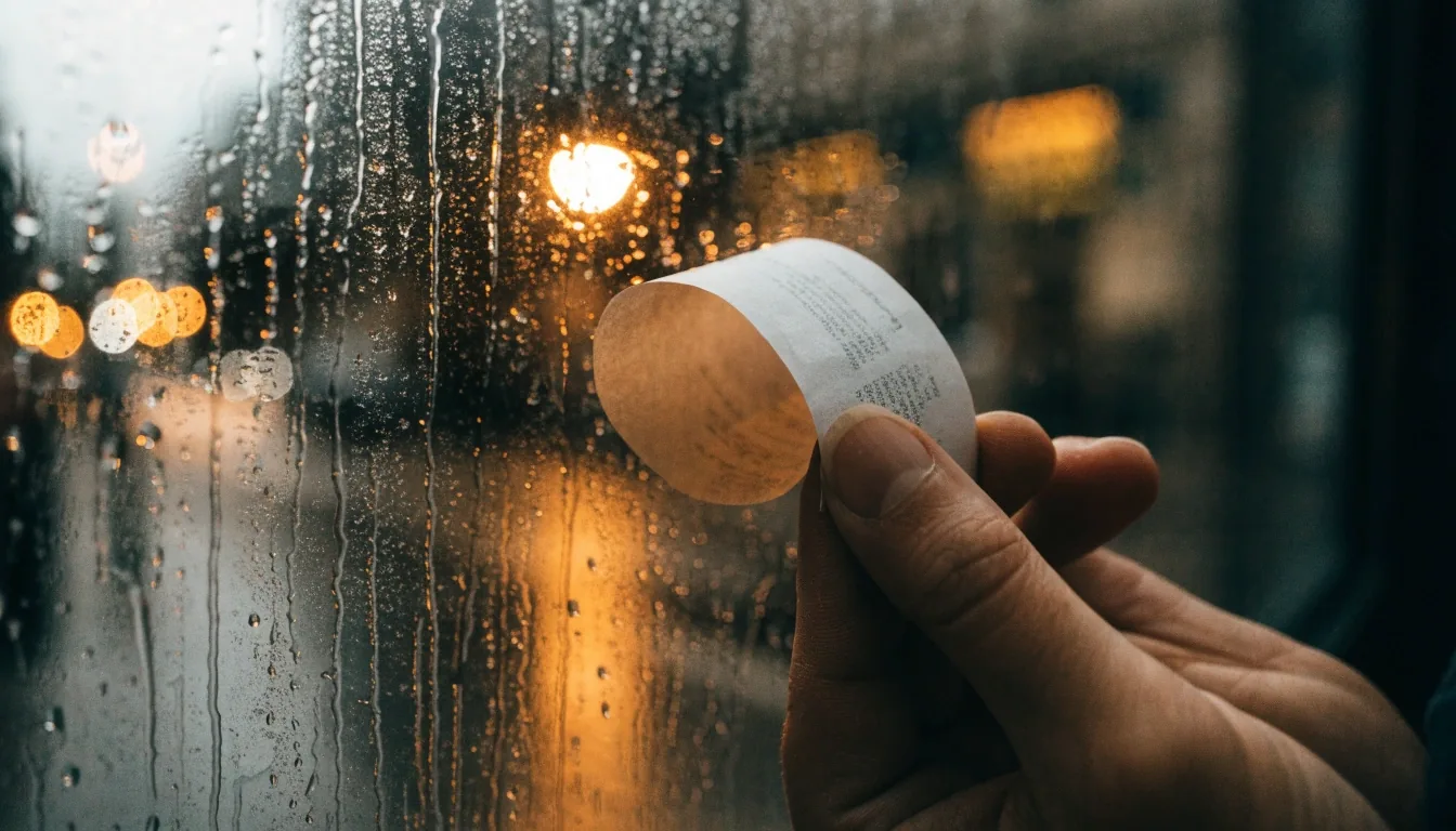 A paper receipt held between two fingers against a rain-streaked window at dusk