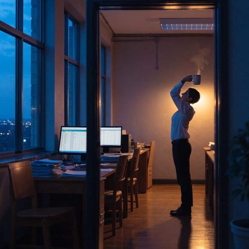 A small accounting office at night with one lamp over an open ledger
