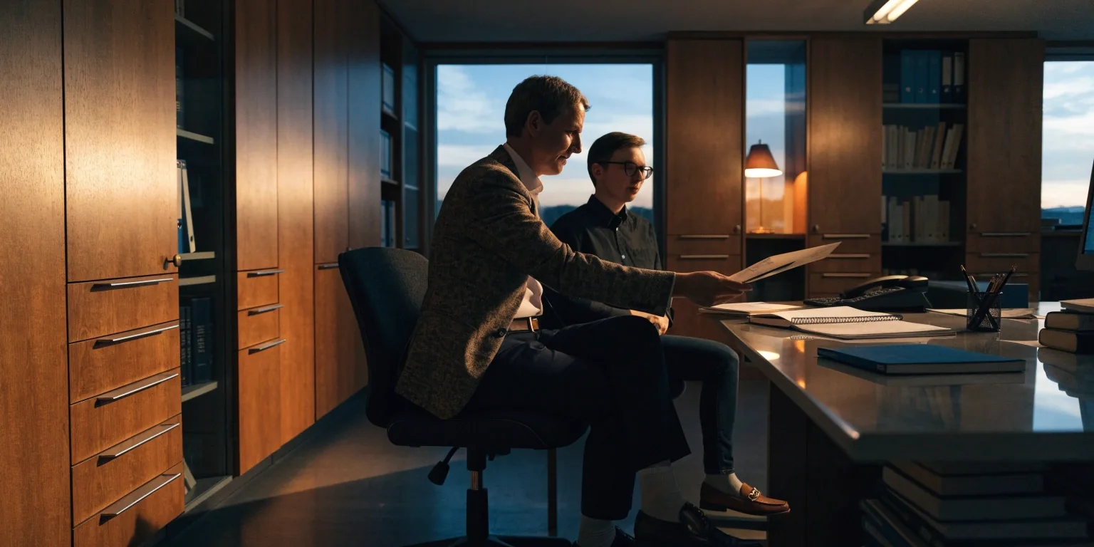 A person reviewing a paper invoice at a desk at dusk