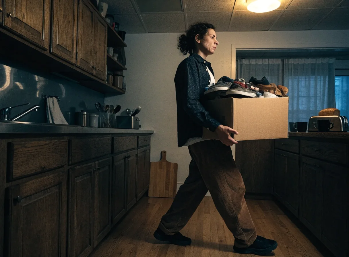 A tipped shoebox of paper receipts beside a closed laptop on a kitchen table at night