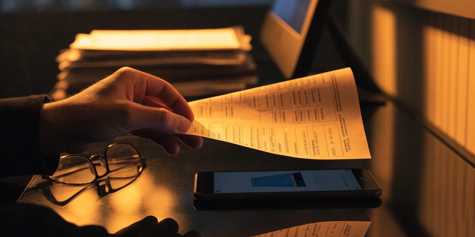 A hand holding a folded invoice toward a phone over a desk