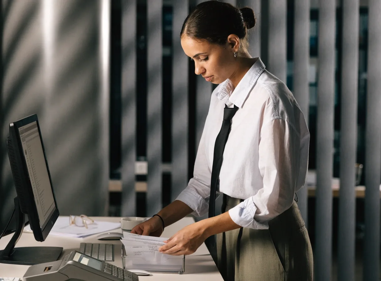 A finance assistant sorting vendor invoices beside a card terminal