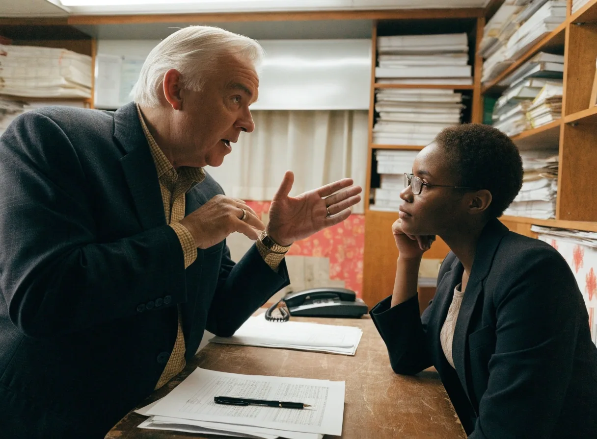 A manager signing off on an approval sheet while a colleague reviews nearby