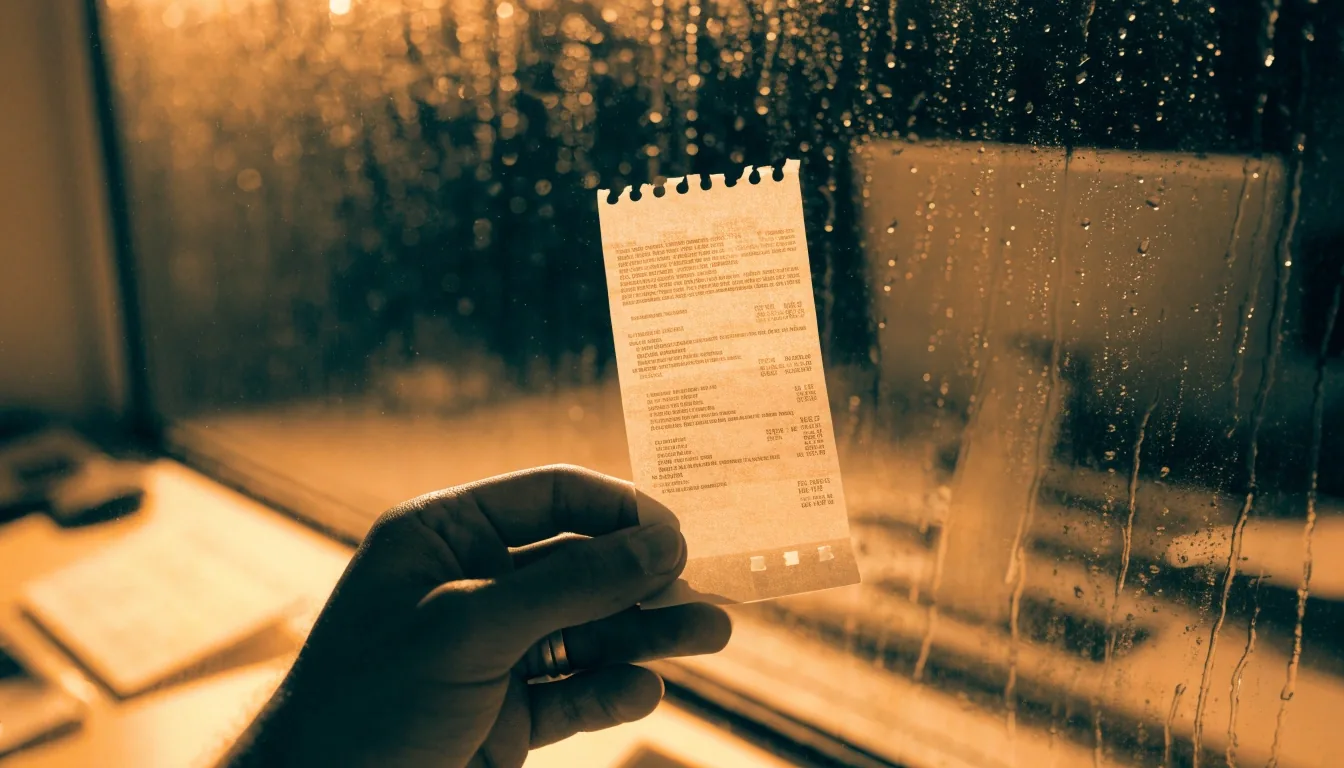 A receipt held against a rain-streaked window during an exception review