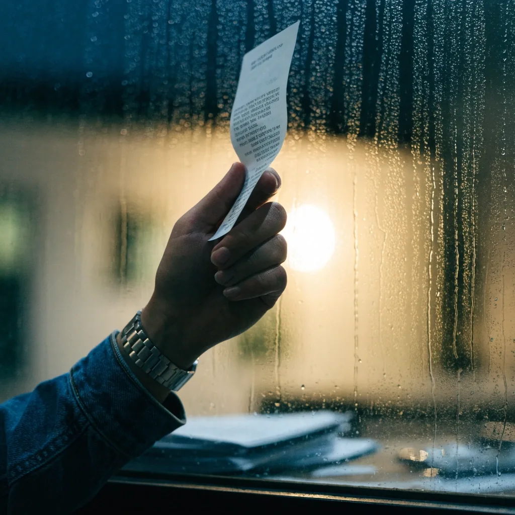 A paper receipt held up to a rain-streaked window while evaluating a bookkeeping workflow
