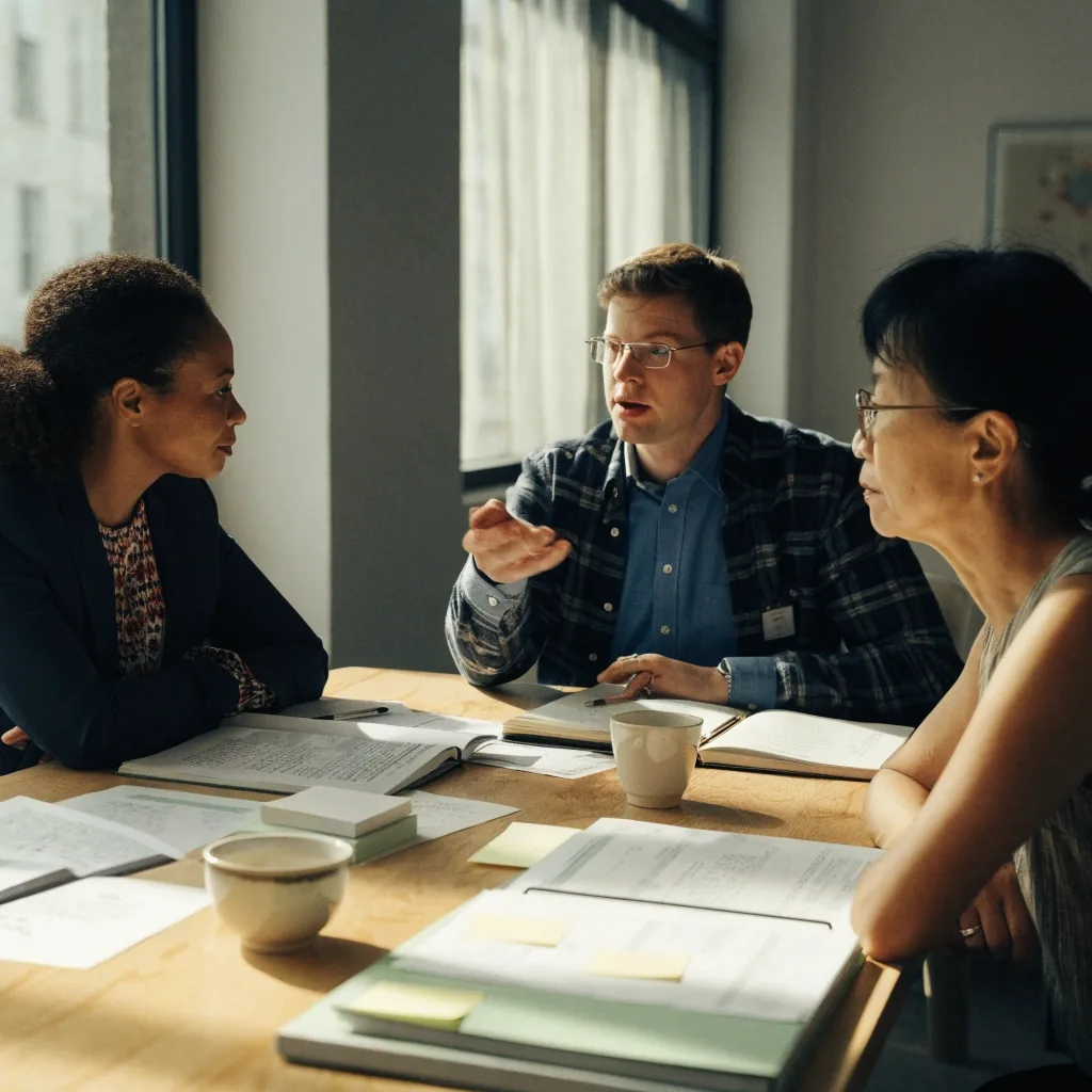 An accounting team comparing a vendor list against records at a shared table