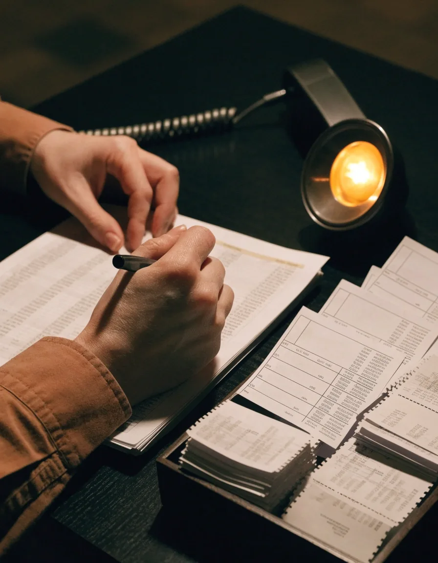 A hand checking a paper bank statement against a phone glow over a desk of uncoded invoices and receipts