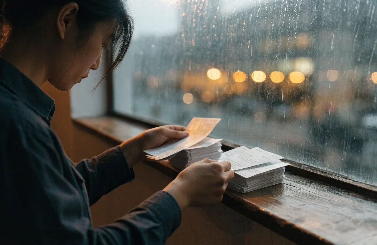 A receipt held between two fingers against a rain-streaked window with blurred city light behind