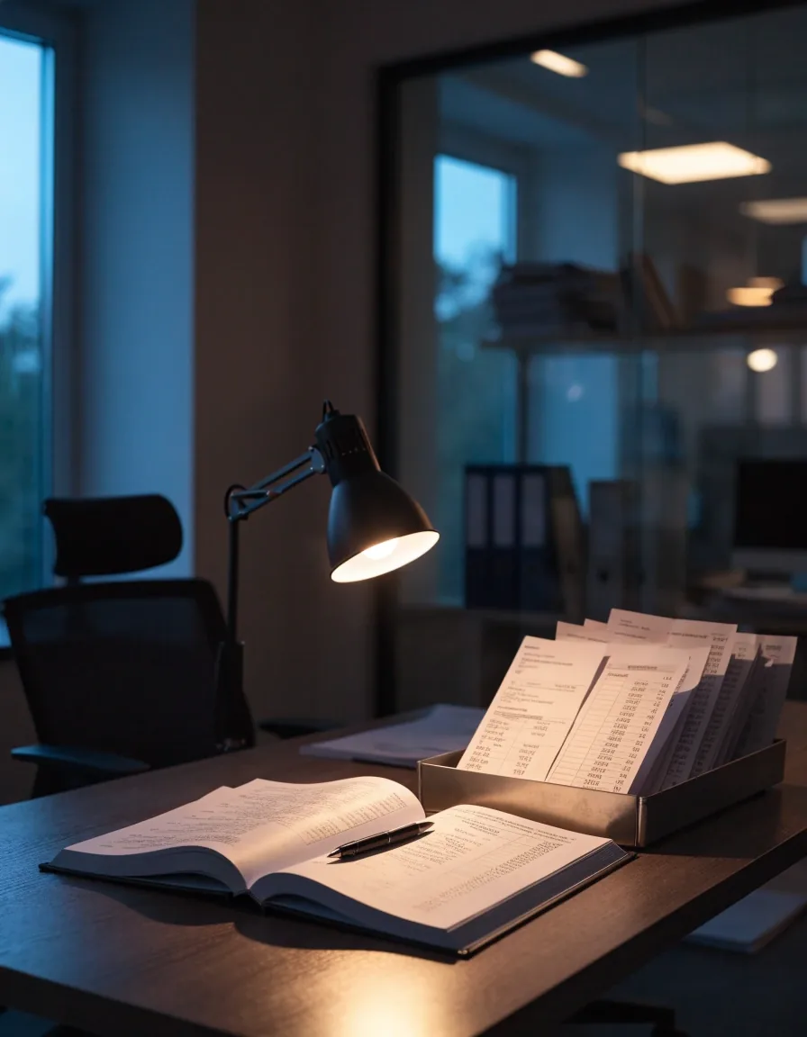 An accounting office at blue hour with one lamp lit over an open ledger and a tray of invoices