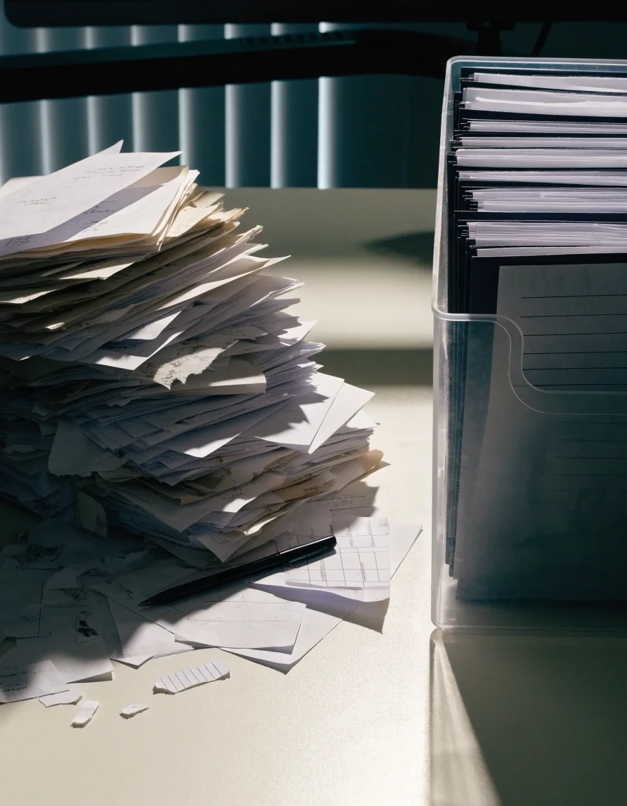 A messy pile of loose papers beside a neat tray of filed folders on a pale desk