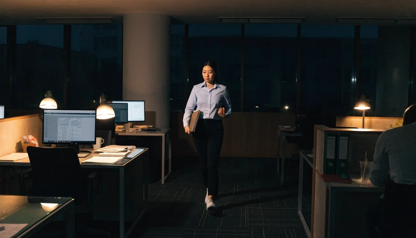 A dim accounting office at night with one warm desk lamp over paper trays and a blue-hour skyline behind