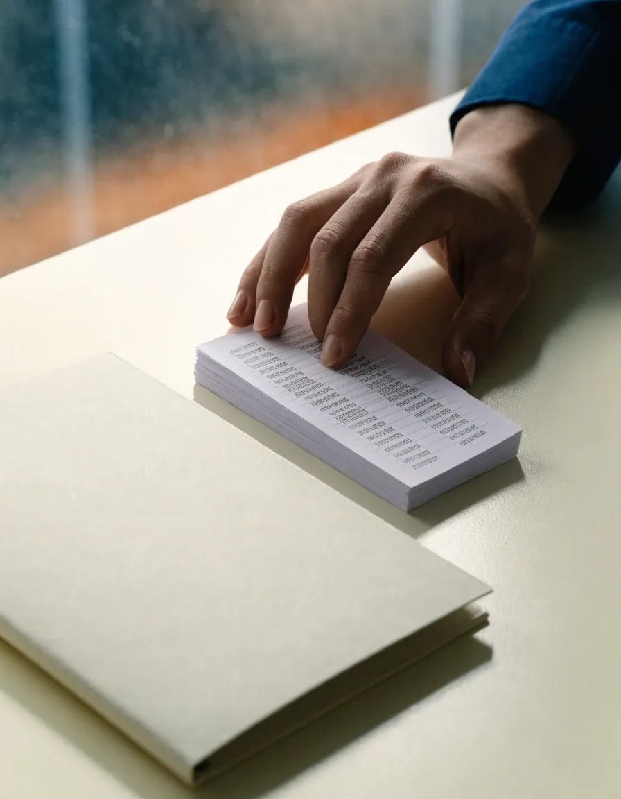A hand setting a small stack of printed financial summaries beside a closed folder on a pale desk