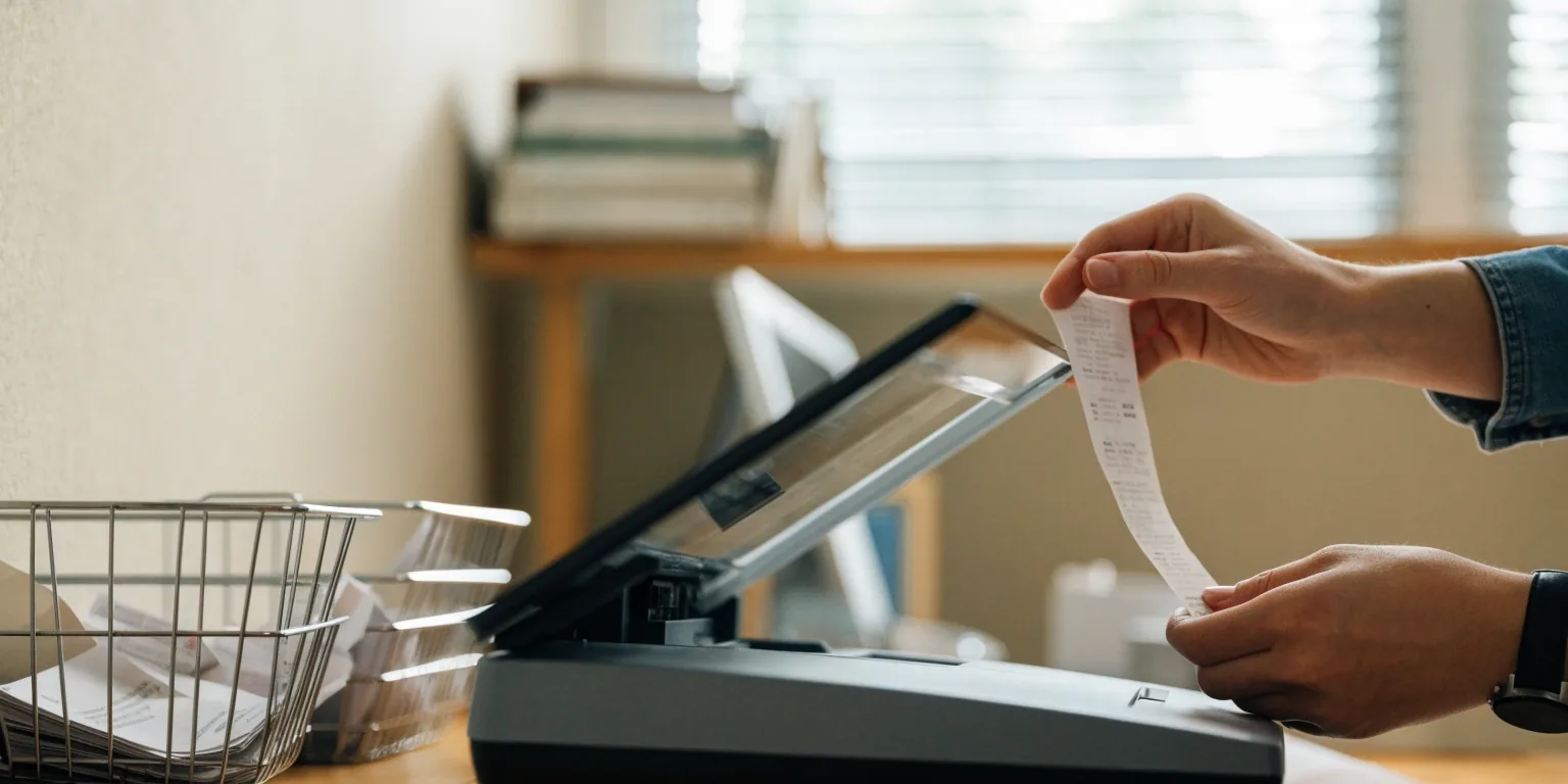 A hand resting on a mouse beside a stack of uncoded invoices on a pale desk