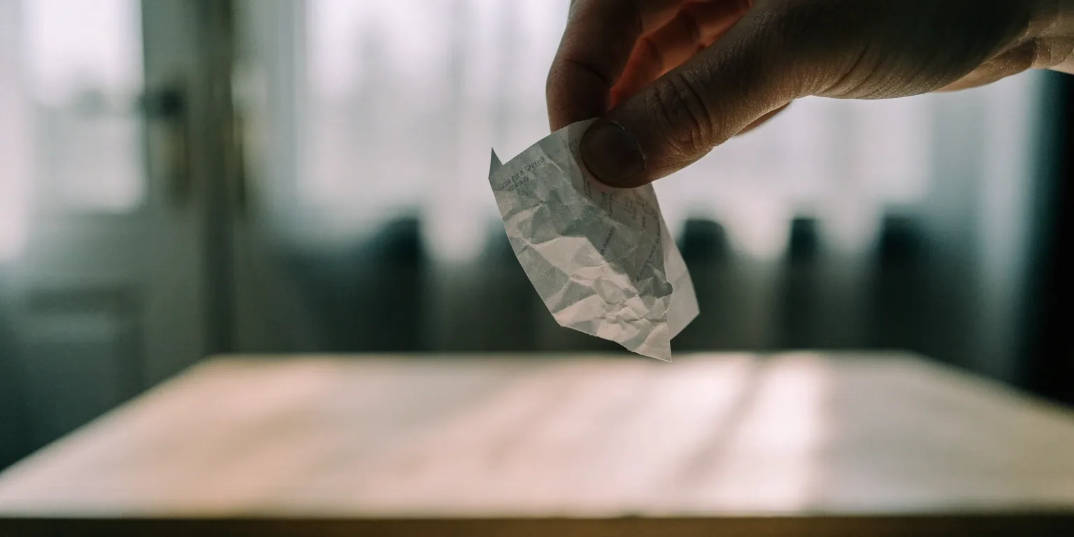A paper receipt held between two fingers above a pale wooden desk