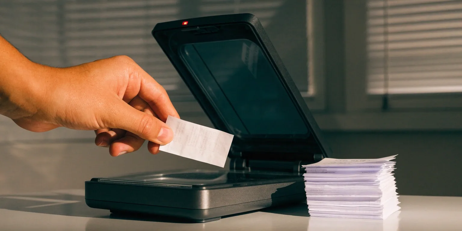 A hand feeding a paper receipt into a small desktop scanner beside a stack of receipts