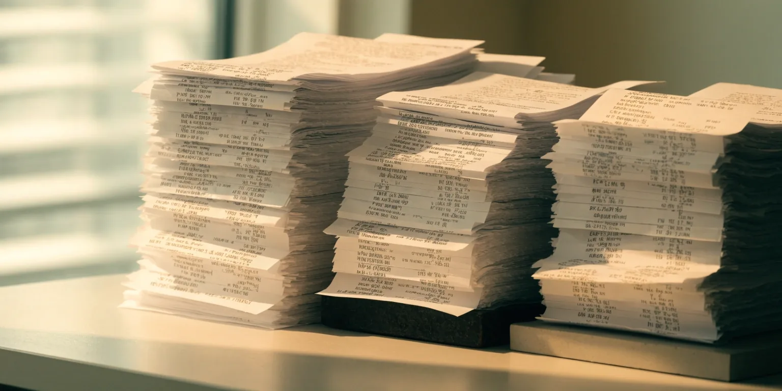 Three neat separated stacks of paper receipts on a pale desk under daylight