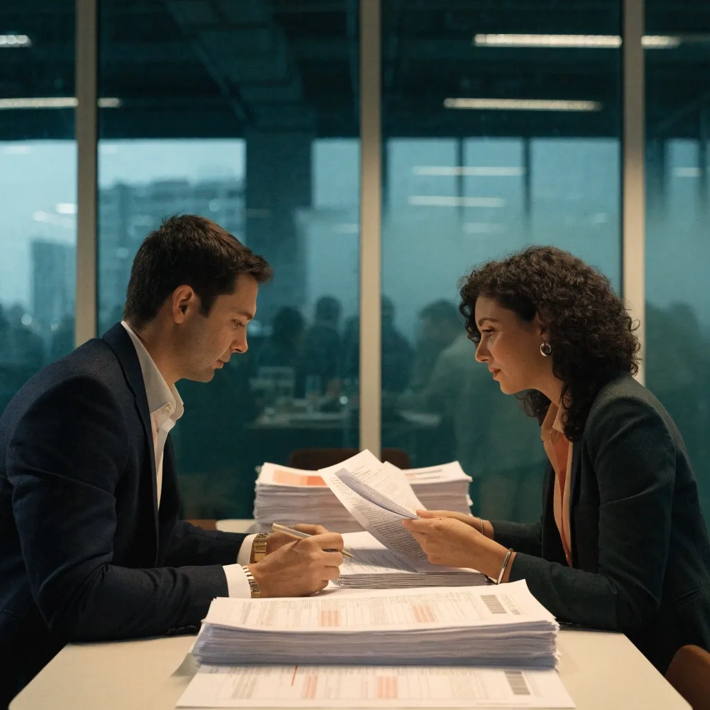 Two colleagues reviewing printed invoice stacks together at a pale meeting table