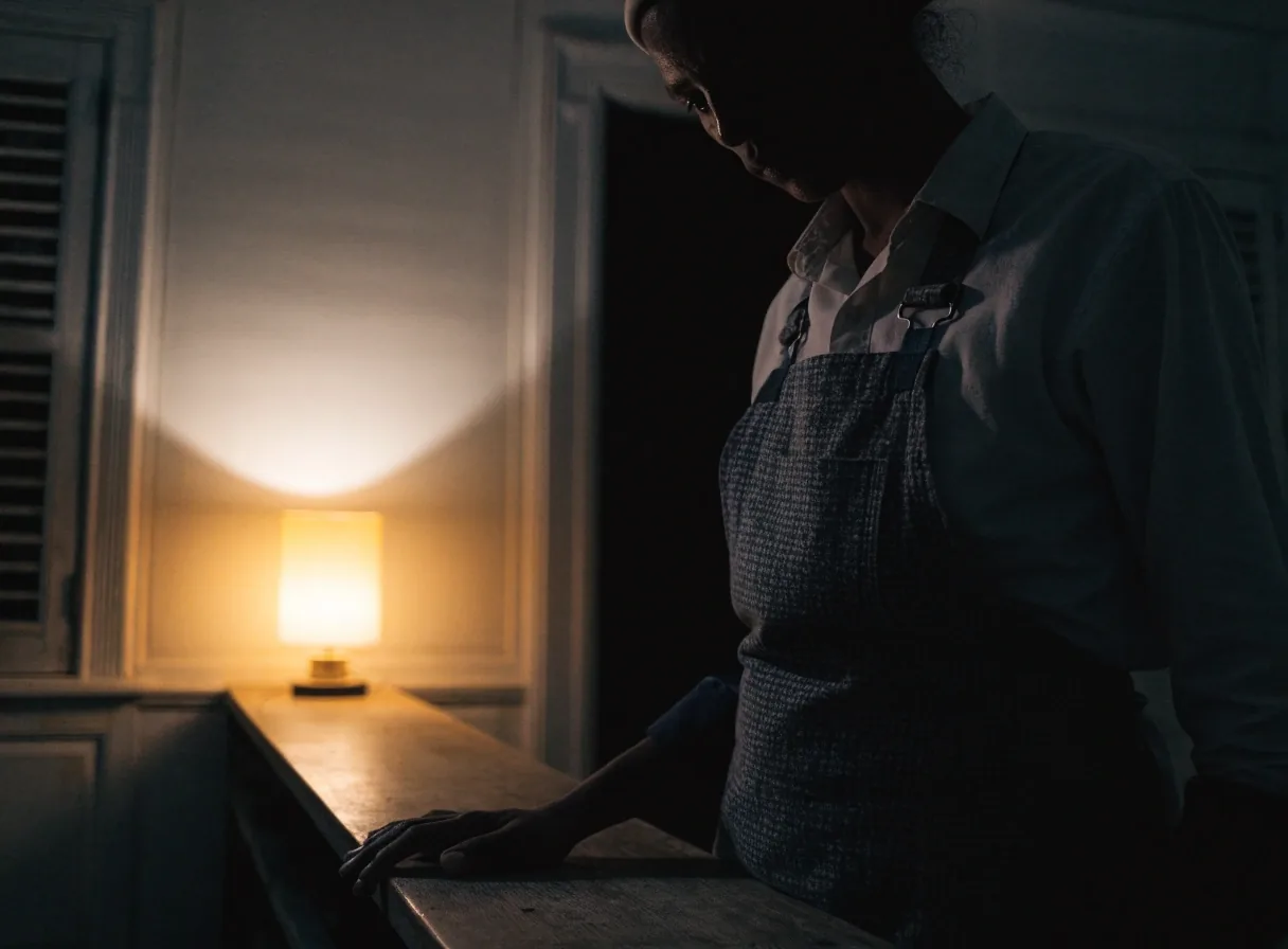 A hand resting beside a folded invoice on a desk under a single warm lamp