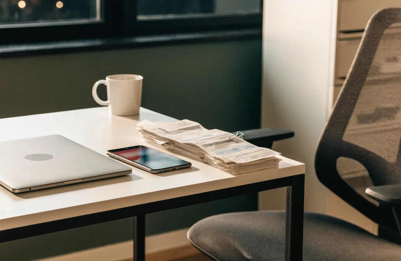 A small home office desk with a closed laptop, a phone with a blurred capture screen, and a clipped stack of receipts