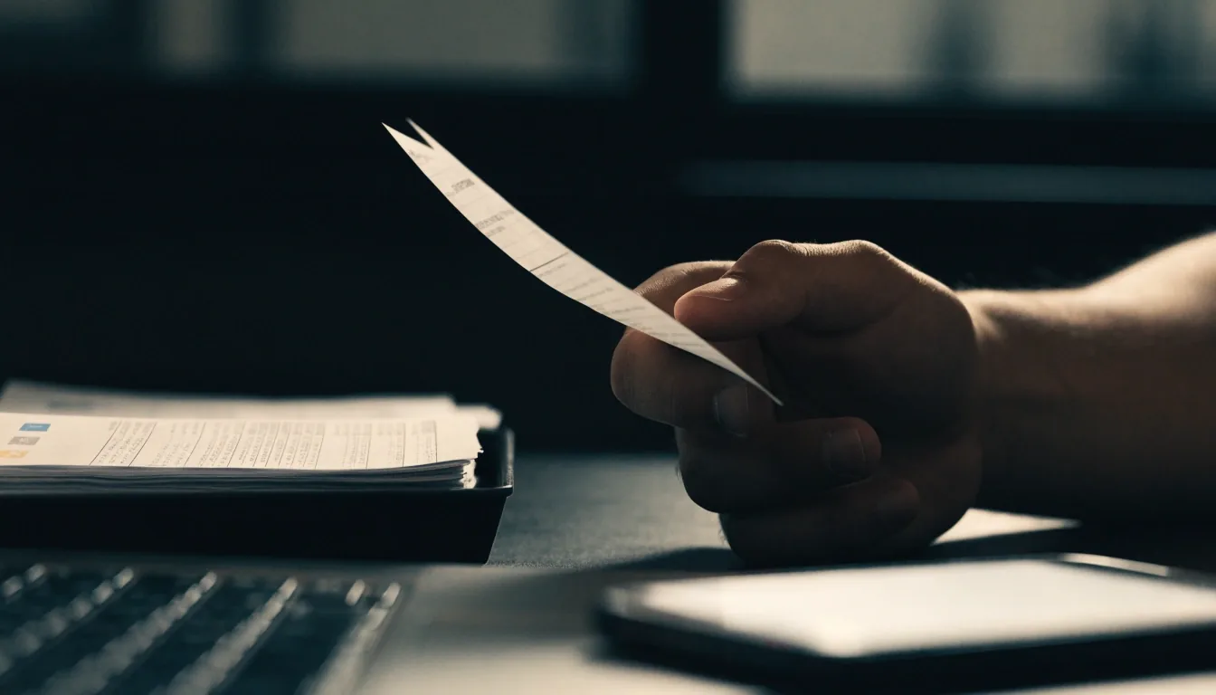 A hand holding a folded receipt beside a low phone glow and a tray of bank statements on a dark desk