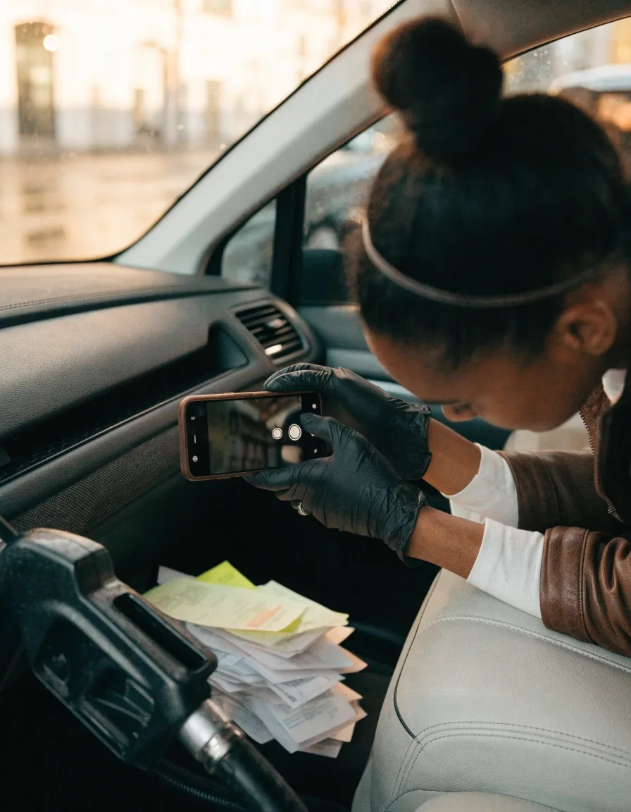 A person photographing a fuel receipt in a parked car with a bundle of loose receipts in the open glovebox