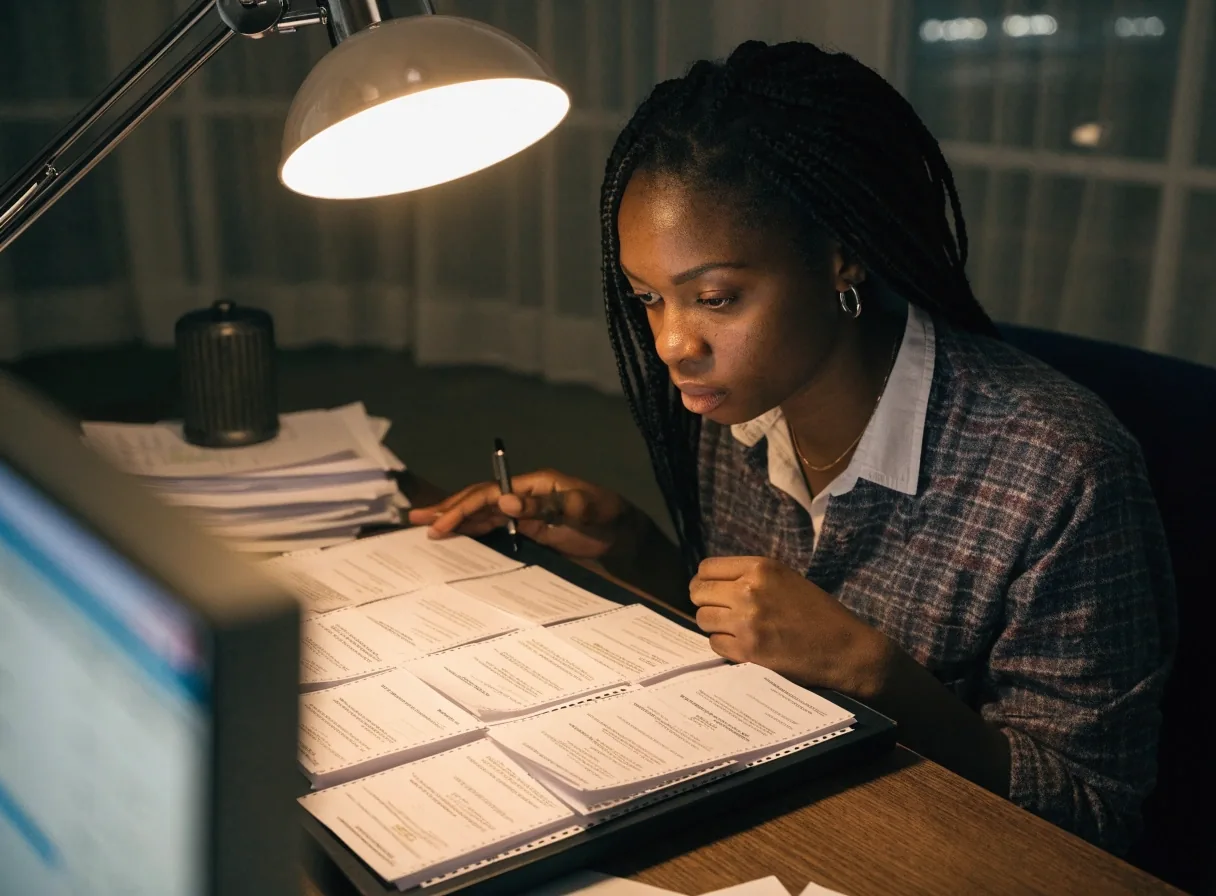 A bookkeeper sorting a tray of uncoded invoices and clipped receipts on a desk under a warm lamp