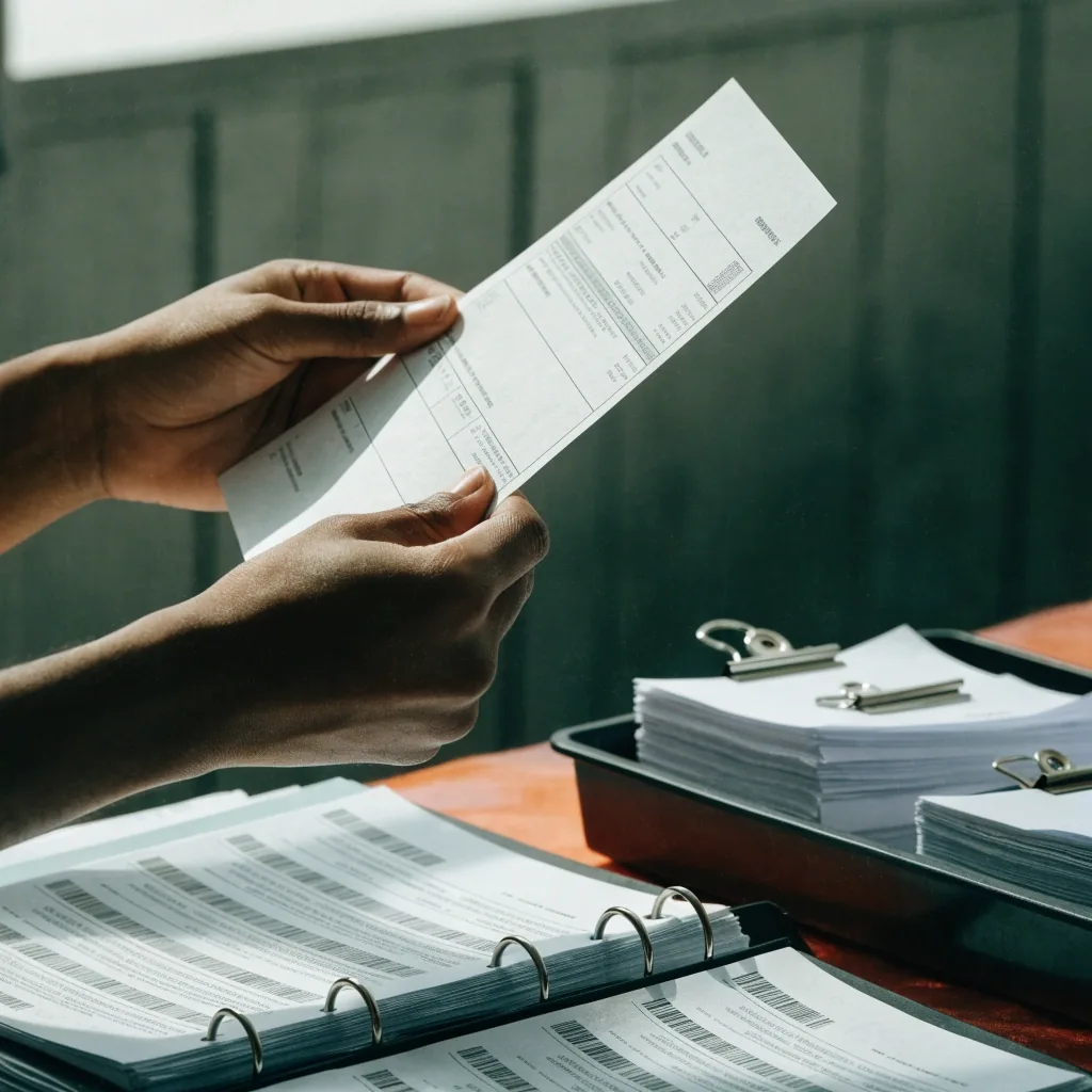 Hands holding an invoice above an open binder of statements beside a tray of clipped receipts
